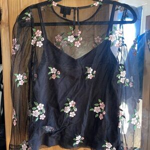 Floral Embroidered Black Sheer Top